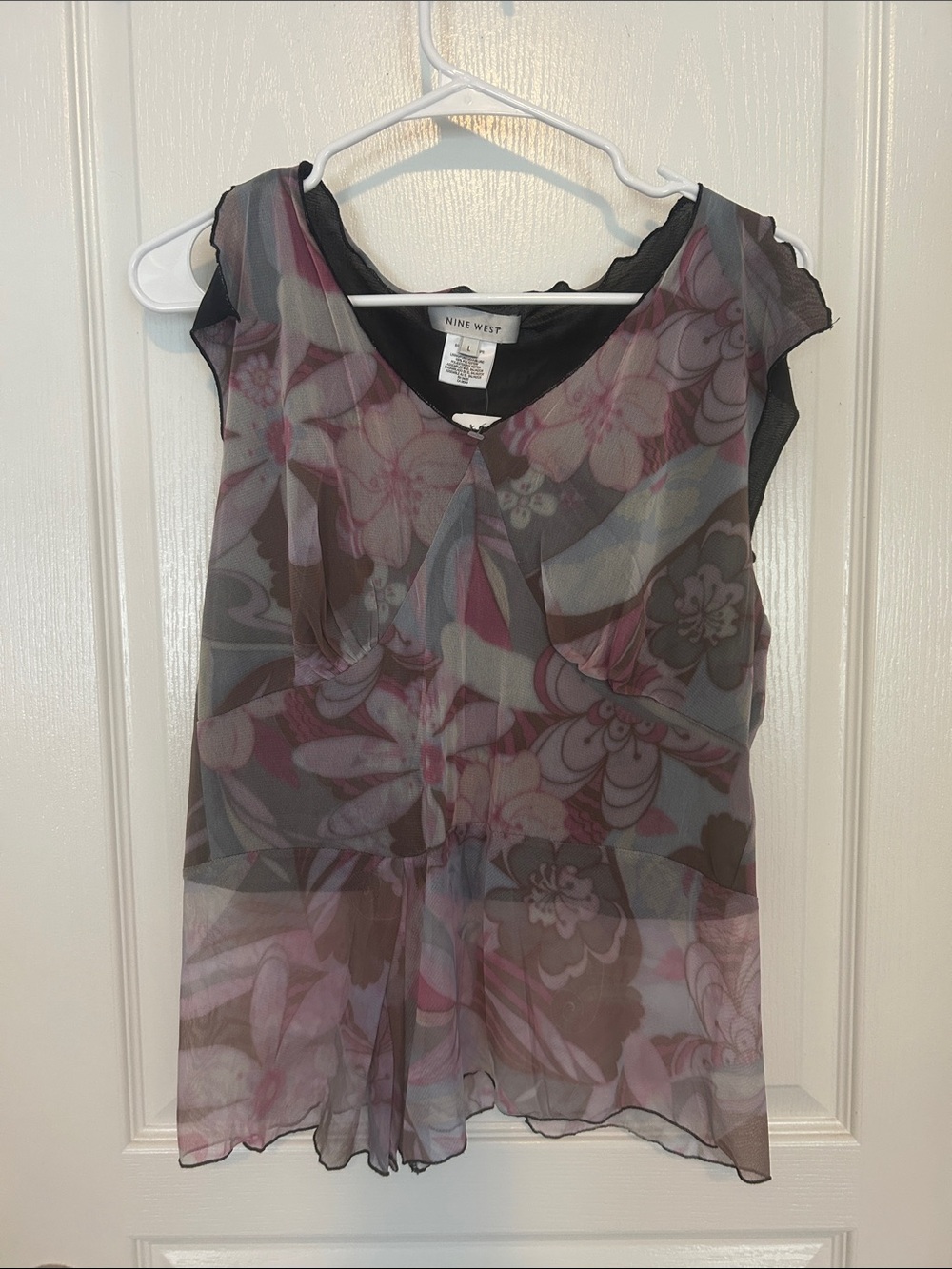 Nine West Floral Sheer V-Neck Camisole - Pink, Gray